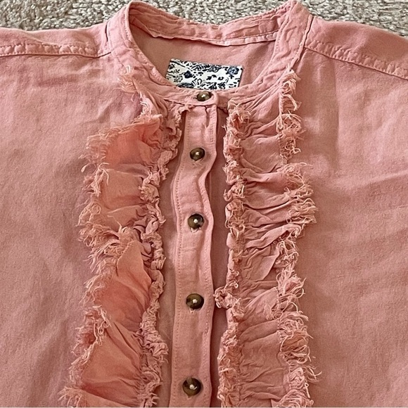 Ruffled Placket Shirt Button Down Linen Blend Peach M - Picture 4 of 10